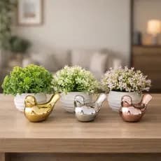 Kit Decoração 2 peças Vasinho Planta Artificial Passarinho Dourado Prata Rose Enfeite Decorativo Rack Sala