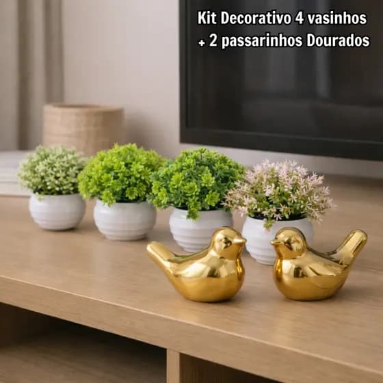 Kit Decorativo Vasinhos Passarinho Porcelana Dourado Decoração Rack Sala Enfeite Banheiro Luxo