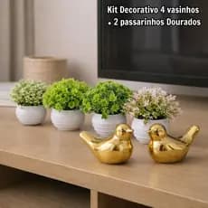 Kit Decorativo Vasinhos Passarinho Porcelana Dourado Decoração Rack Sala Enfeite Banheiro Luxo