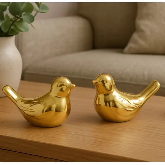 Enfeite Casal de Passarinhos Decorativo Pequeno Dourado Rose Prata Decoração Rack Sala Aparador