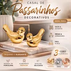 Enfeite Decorativo Casal de Passarinhos Pequeno Dourado Rose Prata Decoração Rack Sala Aparador Banheiro Minimalista