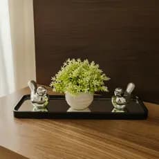 Kit Decorativo Bandeja Espelhada Preto Passarinho Vasinho Artificial Enfeite Decoração Rack Sala
