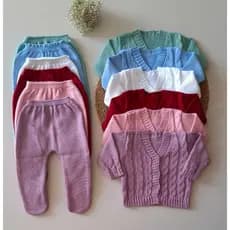 Conjunto Tricot Tranças  Cardigan + Calça para Bebê Recém Nascido Menino Menina