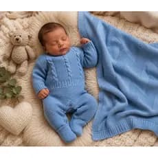 Kit Macacão Trança + Manta Cobertor Saída Maternidade Bebê Recém Nascido  Menino Menina Tricot Tricô