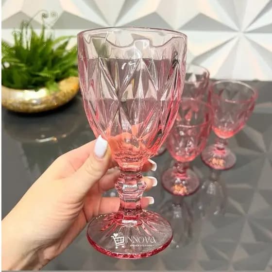 Jogo de Taças Diamond Vidro Rosa Diamante 330ml