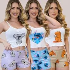 KIT 3 Pijama Feminino 6 Peças Baby Doll Virginia Estampa Personagem Confortável Leve Atacado Revenda