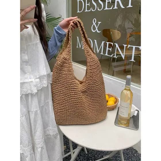 Juzia Bolsas Bolsa tote de palha feminina praia grande trançado alça de ombro listrado reforçado com zíper