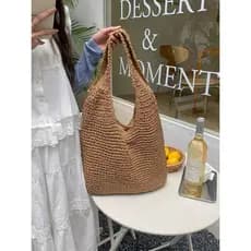 Juzia Bolsas Bolsa tote de palha feminina praia grande trançado alça de ombro listrado reforçado com zíper