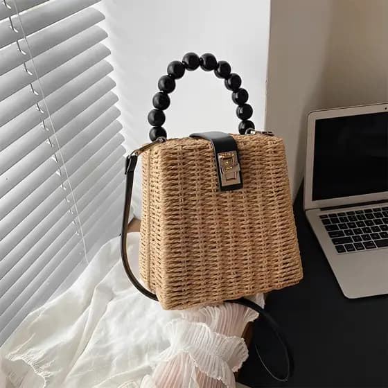 Juzia Bolsas Bolsa feminina palha caixinha de praia trançado alça de mão pérola alça transversal retirável fecho trava