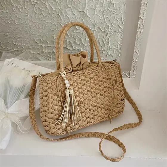 Juzia Bolsas Bolsa feminina palha praia trançado cesta artesanal cordão de mão alça transversal chaveiro pérola franja