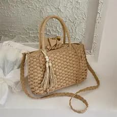 Juzia Bolsas Bolsa feminina palha praia trançado cesta artesanal cordão de mão alça transversal chaveiro pérola franja