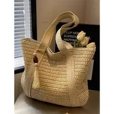 Juzia Bolsas Bolsa feminina tote saco de praia palha trançado listrado alça de ombro reforçado zíper pingente chaveiro
