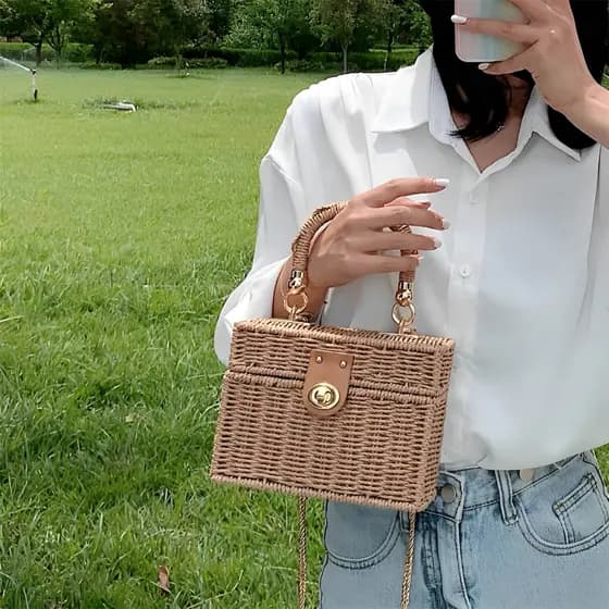 Juzia Bolsa Bolsa feminina palha praia trançado caixinha alça mão alça corrente cadeia transversal retirável couro trava