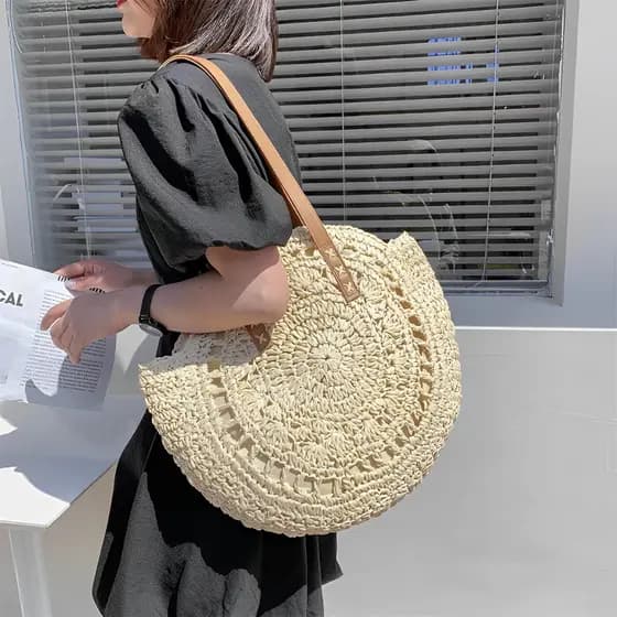 Juzia Bolsas Bolsa palha de praia redonda desenho bolsa tote de ombro alça de couro sintético fecho de zíper