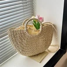 Juzia Bolsas Bolsa palha média meia lua praia feminina de mão argola alça retirável forro de tecido fecho com cordão