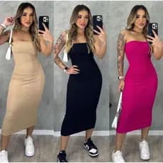 Vestido Feminino Midi Tubinho Tomara que Caia Canelado Moda Casual Fashion
