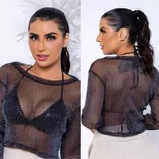 Cropped Manga Longa Transparência Blusa Curta De Tule Sobreposição Transparente Envio Imediato