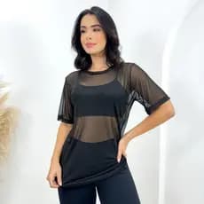 Blusa Feminina de Tule Transparente Manga Curta Tendência Fashion Fitness