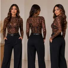 Body de Tule Feminino Oncinha Animal Print Moda Blogueira Inverno