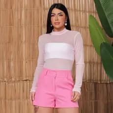 Body Feminino de Tule Transparente Manga Longa Colorido Candy Color Moda Verão