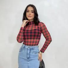 Body Feminino de Tule Transparente Xadrez Manga Longa e Gola Alta Tendência Blogueira