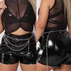 Short Feminino Cirrê de Couro Fake Cintura Alta Vinil Courino Sintético Moda Gringa Balada Festa