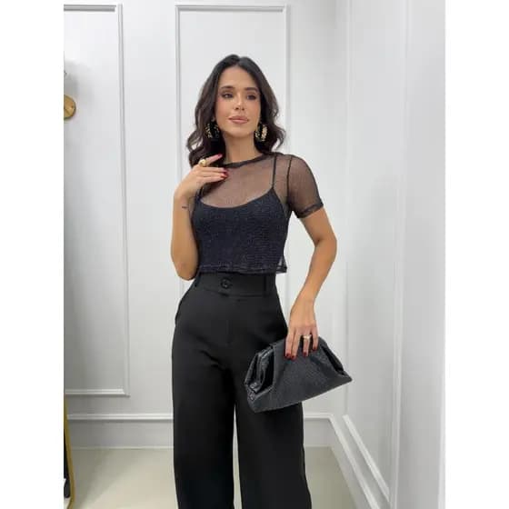Cropped Feminino de Tule Transparente Com Brilho Manga Curta