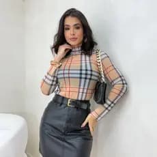 Body De Tule Feminino Estampado Xadrez Manga Longa e Gola Alta Moda Inverno Elegante