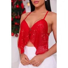 Cropped Feminino em Paetê Vermelho Com Brilho Decotado com Amarração Tendência Natal