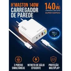 Carregador Turbo 140W 3 Entrada com Cabo USB-C 1M Carregamento Super Rapido Hmaston Y74-3