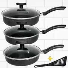 Kit Frigideiras Antiaderente Com Tampa De Vidro Jogo com 3 Peças Teflon 18/20/22cm Preto + Espatula