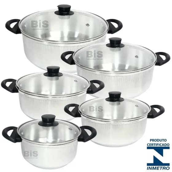 Jogo de Panelas 5 Peças Com Tampa de Vidro Kit Caçarola 16/24 Em Aluminio Polido
