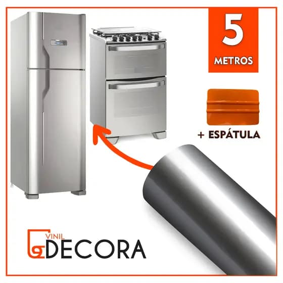 5 metros Adesivo Película Vinil Prata Tipo Inox Impermeável + Espatula P Aplicação Envelopar Fogão Geladeira Móveis