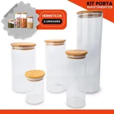 Potes de Vidro Herméticos Tampa de Bambu - Para Mantimentos - Kit com 5 Unidades - UMK