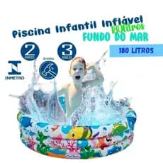 Piscina Infantil Inflável 3 Anéis 100 Litros Transparente Fundo Do Mar Praia Crianças Bebe Campo Verão