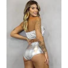Conjunto Hot Pant Carnaval Metalizado Feminino Top Com Bojo + Short Cintura Alta Cirrê Brilhoso Dança Festa