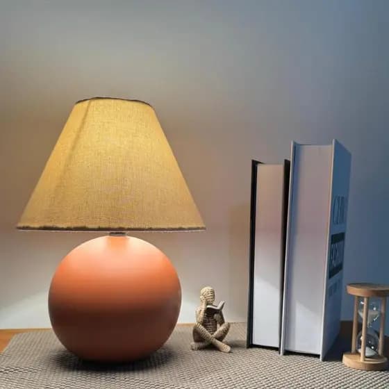 Abajur Luminária Bolinha Grande de Cerâmica com Cúpula de Tecido Decoração Quarto Sala Escritório