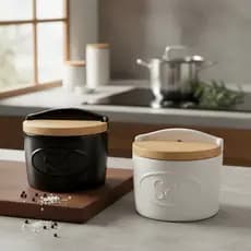Saleiro De Porcelana Com Tampa De Madeira Elemento Essencial Preto e Branco Esmaltado Premium