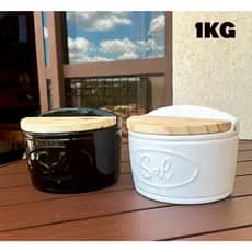 Saleiro De Porcelana  Com Tampa De Madeira Porta Tempero