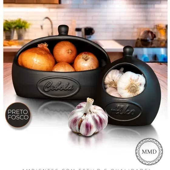 *LANÇAMENTO* Kit Condimentos Cebola Alho Feitos Cerâmica Cozinha Armazenamento Alimentos Preto Fosco
