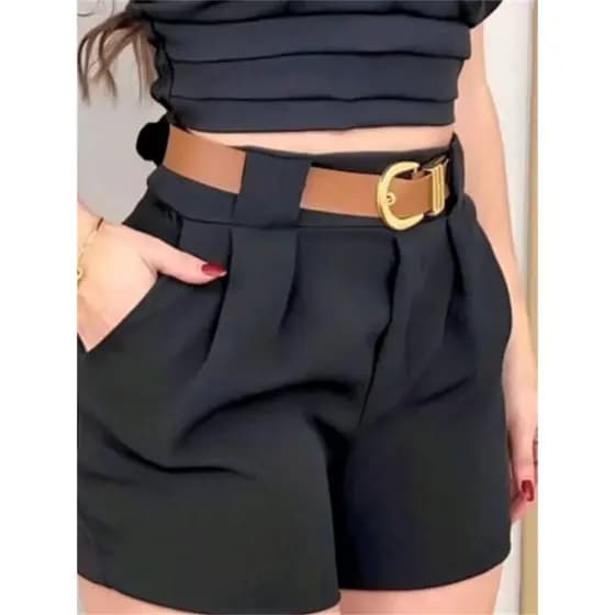 Short Alfaiataria Feminino Social Cintura Alta Com Cinto PROMOÇÃO