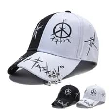 Boné de Beisebol Masculino e Feminino Moderno, Boné com Fivela, Preto e Branco com Argola, Boné Fashion para Homens e Mu