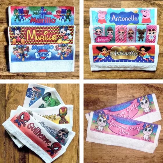 Kit 80 Toalha Toalhinha Mão Rosto Personalizadas Temas Lavabo Infantil Escola Adulto Empresa Igreja
