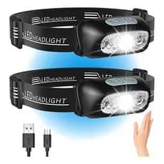 Kit Lanterna De Cabeça Led Com Sensor Recarregável Usb Forte Potente Pesca Camping Caminhada Bike Preto