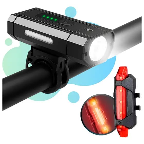 Kit Farol Iluminação Dianteira Bike Potente 4 Modos + Lanterna Traseira Led Usb Recarregável