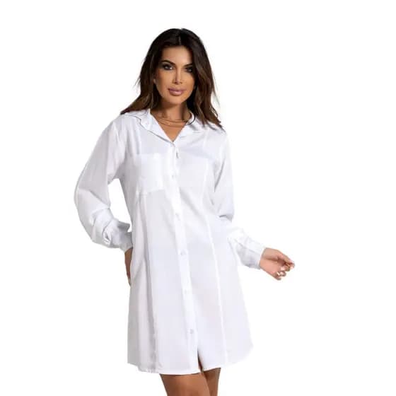 Saída de Praia Chemise Manga Longa Vestido com Bolso Verão Promoção Diversas Cores