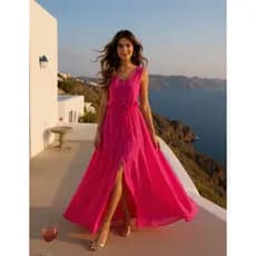 Vestido Longo Liso Casual Com Botões Cavado em Viscolinho Moda Verão Feminino Convidada Elegante
