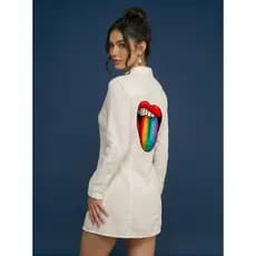 Vestido Chemise Viscolinho Feminino Camisa Pride Mês Do Orgulho Lgbt Estampa Arco-íris Blusa Alongada Camisão Premium