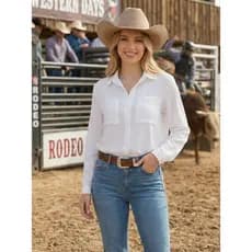 Camisa Feminina Branca Country Estilo Boiadeira Chemise Manga Longa Social Casual Premium Tendência Rodeio