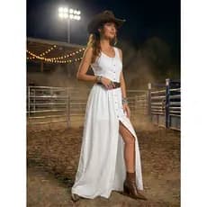 Vestido Longo Country Feminino Estilo Western Festa De Barretos Rodeio Peão Com Botões Modesta Casual Tendência Blogueir